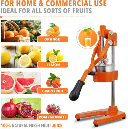 Commercial Heavy Duty Cast Iron Hand Press Manual Orange Citrus Lemon Lime Grapefruit Pomegranate Fruit Juice Squeezer Machine with Stainless Steel Cup