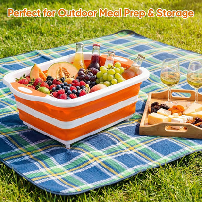 Collapsible BBQ Prep Tub with Lid, Foldable Camping Sink with Colander, Cutting Board, Dish Basin for Kitchen, Bowl, Vegetable and Fruit, Storage Basket for Picnic-Black