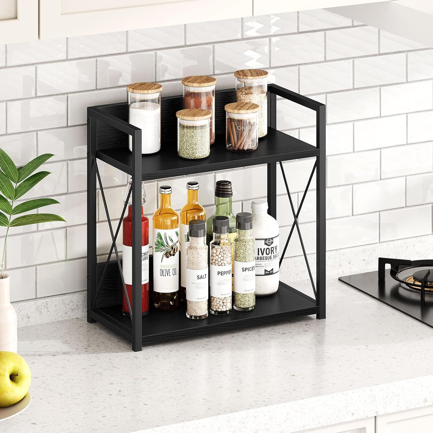 Giikin Countertop Shelf Organizer, 2 Tier Kitchen Spice Rack for Countertop, Wood Coffee Counter Shelf Organizer for Home (Brown, S)