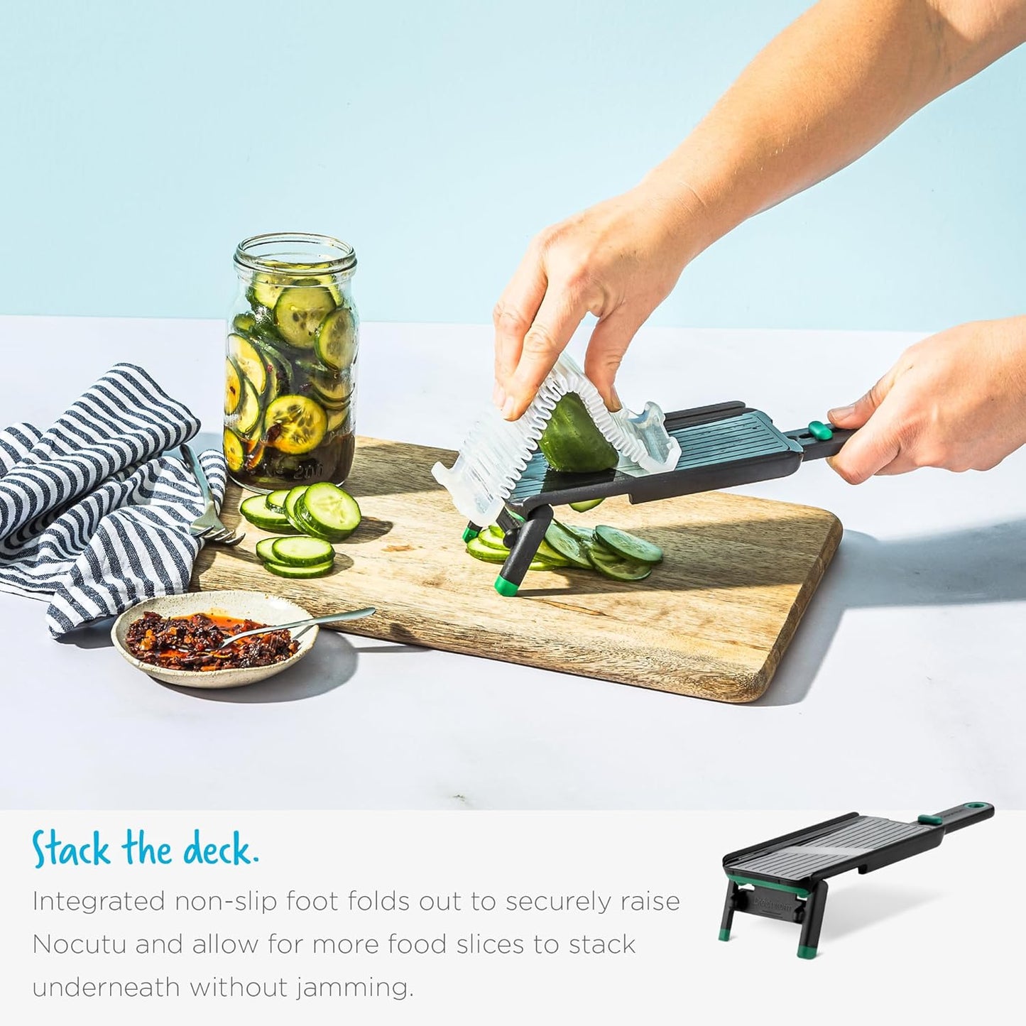 Dreamfarm Nocutu Handheld Safety Mandoline Slicer, Food Vegetable Cutter with Non-Slip Bowl Hook & Foot - Adjustable 1-3mm Slicer, Black/Green