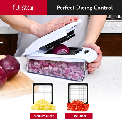 Fullstar Mandoline Slicer for Kitchen - Vegetable Chopper, Onion Potato Food Veggie Fruit Slicer and Cutter with Container, Kitchen Gadgets & Gifts, Home Essentials (6-in-1, White/Black)
