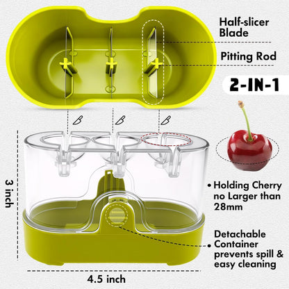 2-in-1 Cherry Pitter & Half Slicer, 3-Hole Cherry Seed Remover with Built-in Blade, with Clear Container (Apple Green)