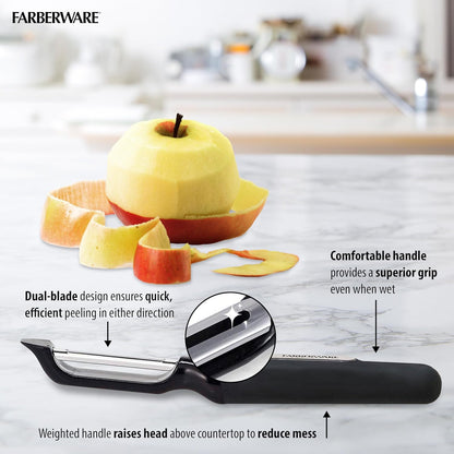 Farberware Professional Soft Handled Precise Euro Vegetable Swivel Peeler with Potato Bud Remover, Sharp Straight Blade Smoothly Peels Fruits 8-Inch, Black