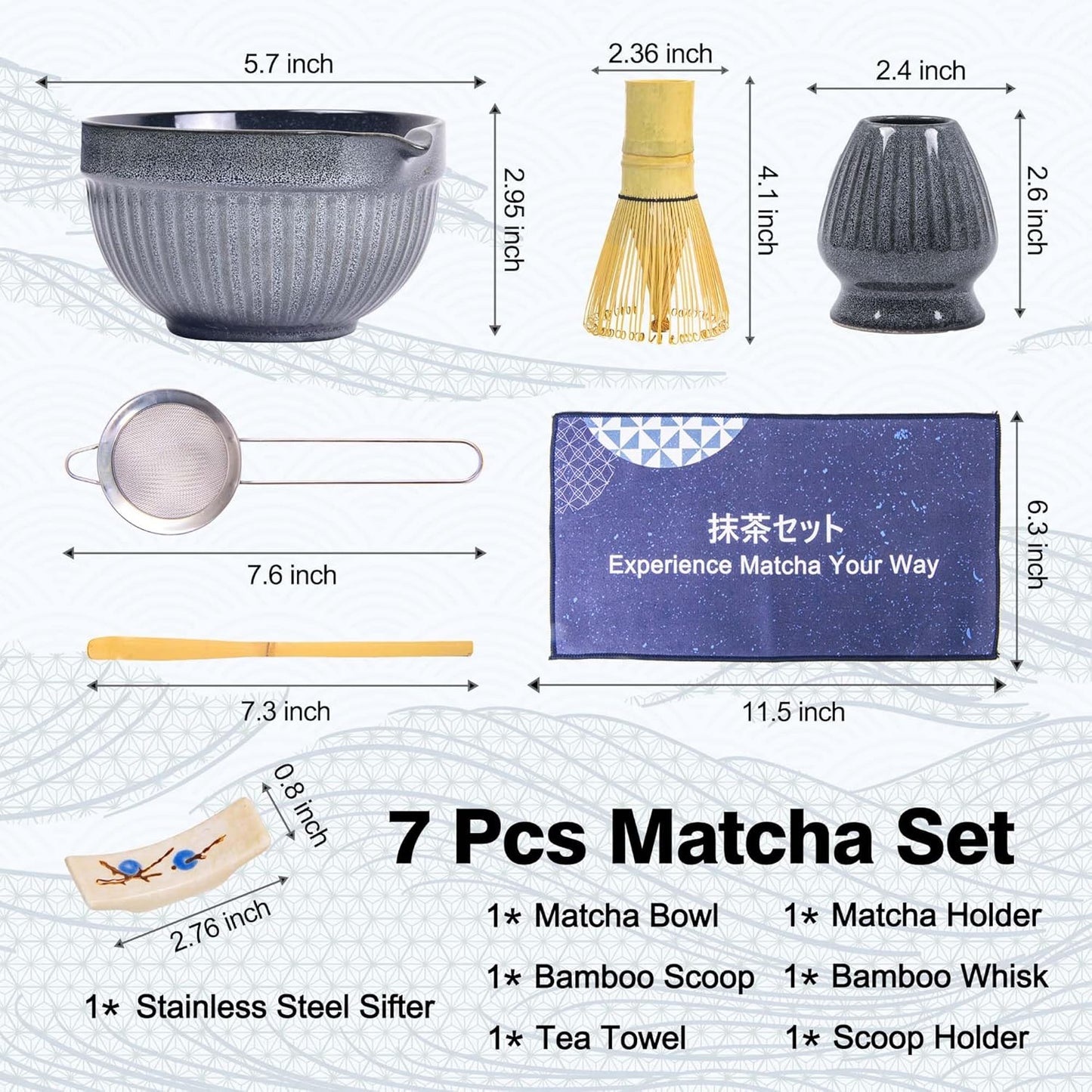 7pcs Matcha Whisk Set with 18oz Spout Bowl, Japanese Tea Ceremony Kit, Natural Bamboo Whisk Scoop, Ceramic Holder Sifter Towel, Best Gift for Beginners and Matcha Lovers