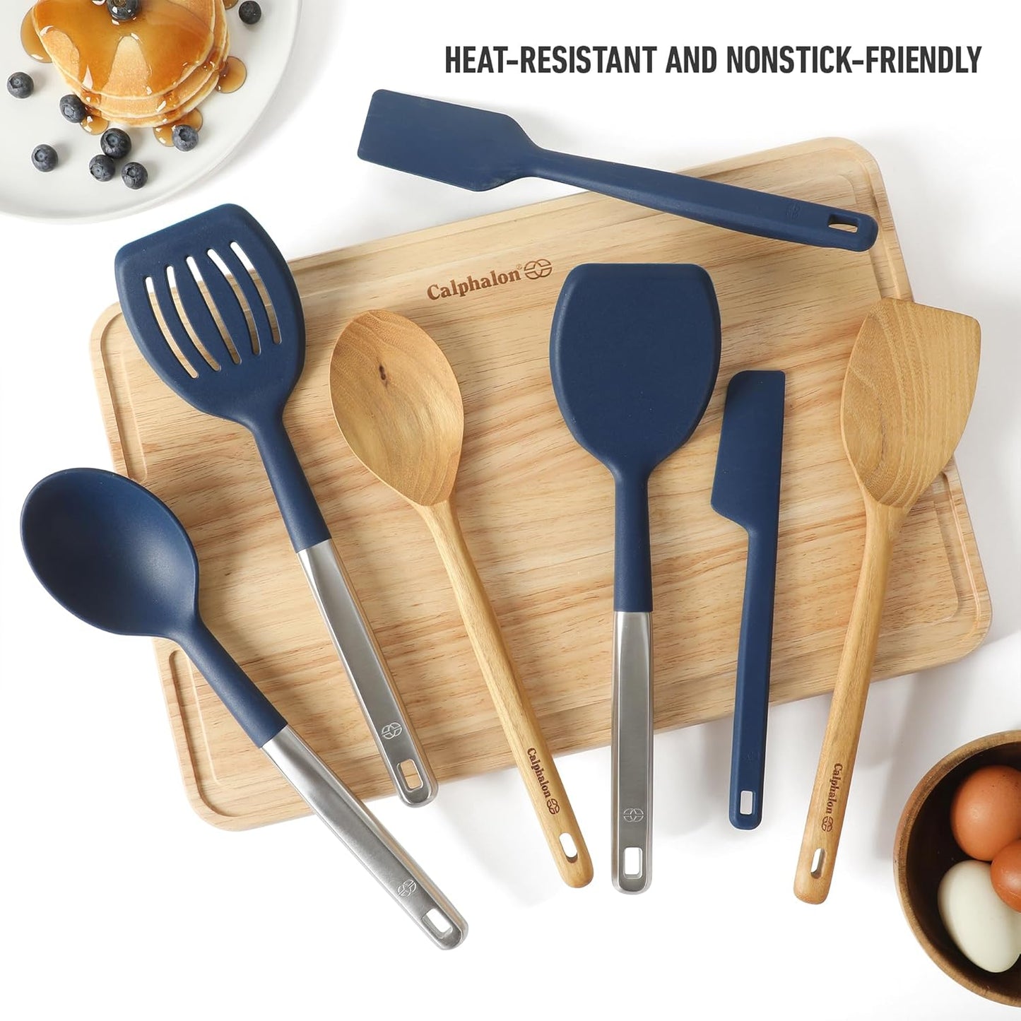 Calphalon Prime 7 Piece Silicone and Teak Wood Kitchen Tool & Gadget Set with Navy Blue Silicone Rim, Durable Heat Resistant Cooking Utensil Set for Stirring, Flipping, Serving