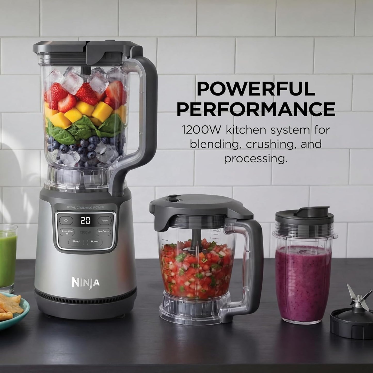 Ninja Kitchen System | All-in-One for Smoothies, Frozen Drinks, Veggie Chopper & More | With Full-Size Pitcher, 8 Cup Food Processor Bowl, (2) 18 oz. Cups, | 1200 Watt | Dark Grey | BR601AMZ