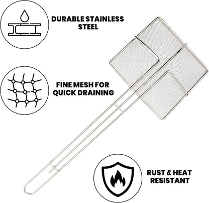 Square Mesh Skimmer | 6.5" Medium 20L | Stainless Steel Spider Cooking Oil Strainer with Long Handle for Kitchen | Deep Nickel Fryer Scoop for Professional Restaurant Use