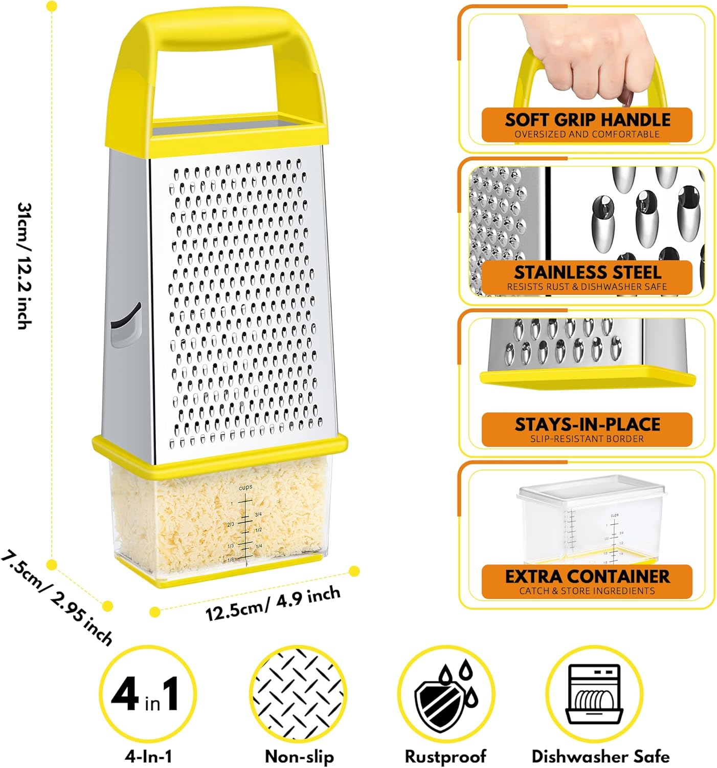 Urbanstrive Cheese Grater With Container, Professional Cheese Grater with Handle, Stainless Steel Graters for Kitchen Handheld, Box Grater with 4 Sides for Vegetables, Ginger, Potatoes (Blue)
