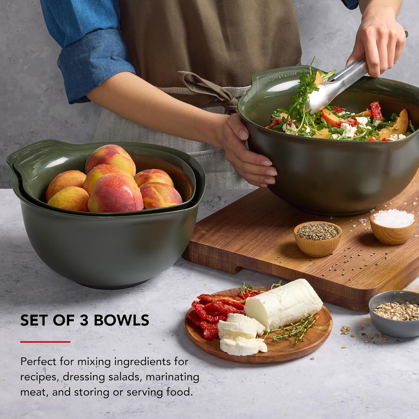 KitchenAid Universal Nesting Plastic Mixing Bowls, Set Of 3, 2.5 quart, 3.5 quart, 4.5 quart, Non Slip Base with Easy Pour Spout to Reduce Mess, Dishwasher Safe, Aqua Sky, White, Gray