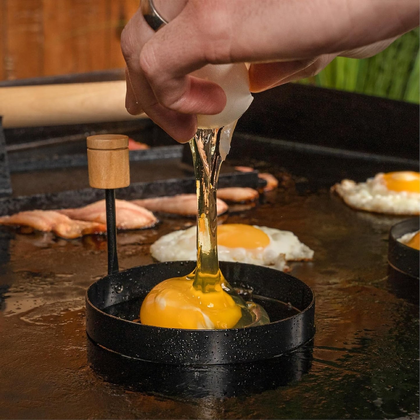 Plastic Batter Dispenser, Cast Iron Bacon Griddle Weight Press, 10 Inches Stainless Steel Omelet Egg Ring, Wood Wooden Crepe Spreader Spatula