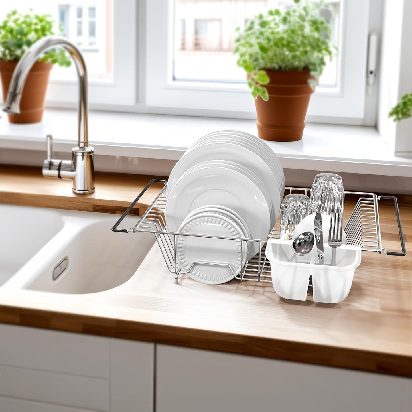 Simple Houseware Over Sink Counter Top Stainless Steel Dish Drainer Drying Rack, Chrome