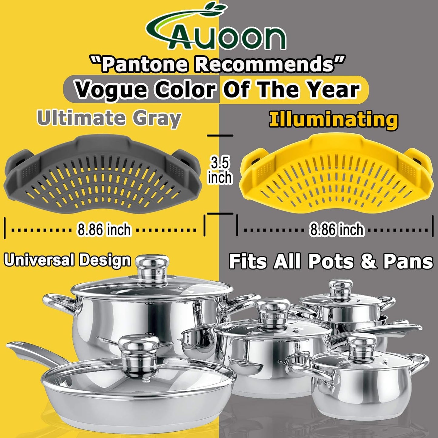 2PACK AUOON Clip on Strainer for All Pots Pans - Silicone Pasta Strainer Kitchen Colander for Draining Noodles Spaghetti Ground Beef Grease｜Easy to Use and Store, Dishwasher Safe (BlackGreen)