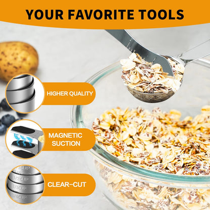 Magnetic Measuring cups and spoons Set, 304 Stainless Steel 5 Magnetic Measuring Cup and 8 Double Sided Measuring Spoons with 1 Leveler，Kitchen Gadgets for Cooking & Baking