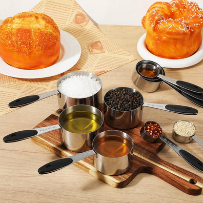17PCS Measuring Cups and Magnetic Spoons Set, 8 Measure Cups with Silicone Handle, 8 Double Sided Measure Spoons and 1 Leveler, Stackable Stainless Steel Kitchen Gadgets for Cooking & Baking
