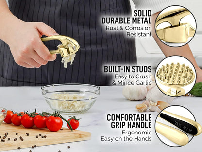 Zulay Kitchen Premium Garlic Press Set - Rust Proof Professional Garlic Mincer Tool - Easy-Squeeze, Easy-Clean with Soft, Ergonomic Handle - Silicone Garlic Peeler & Brush (Silver)