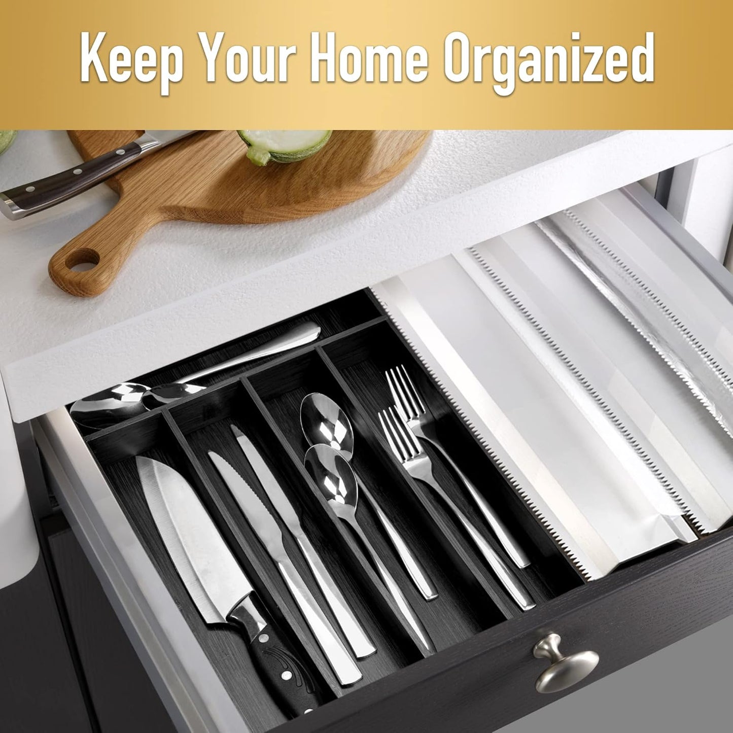 Silverware Organizer Small Bamboo Kitchen Drawer Organizer Utensil Organizer Silverware Holder Cutlery Organizer in drawer Flatware Organizer Tray (Black 4 Slots)