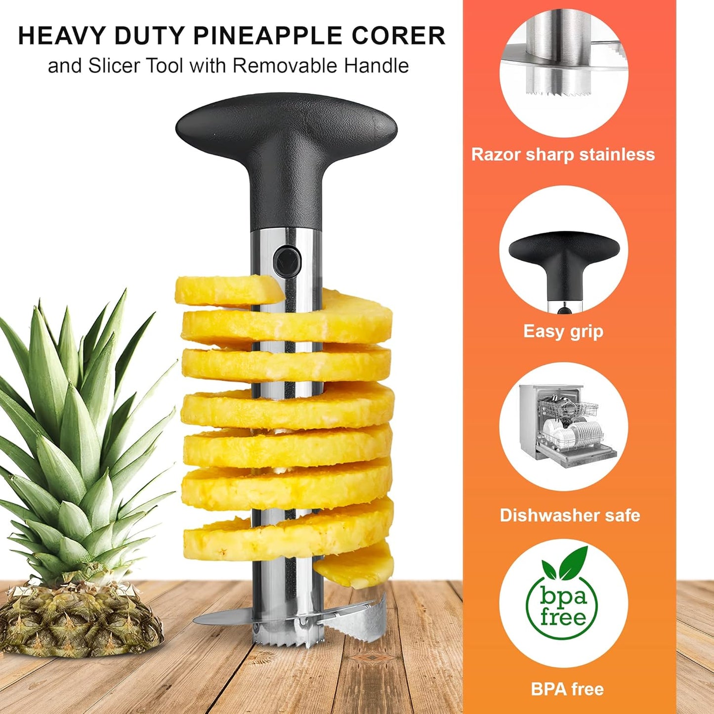 Cheer Collection Pineapple Corer And Slicer Tool, Stainless Steel Pineapple Core Remover with Non Slip Handle