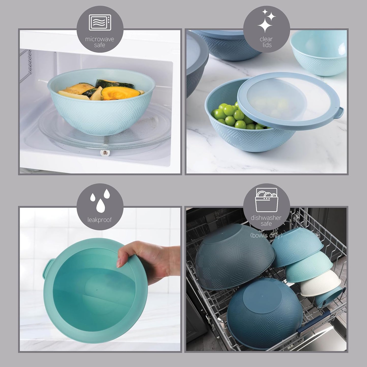 COOK WITH COLOR Mixing Bowls with Lids - 12 Piece Plastic Nesting Bowls Set includes 6 Prep Bowls and 6 Lids, Microwave Safe Mixing Bowl Set, Sage Embossed - Colors B