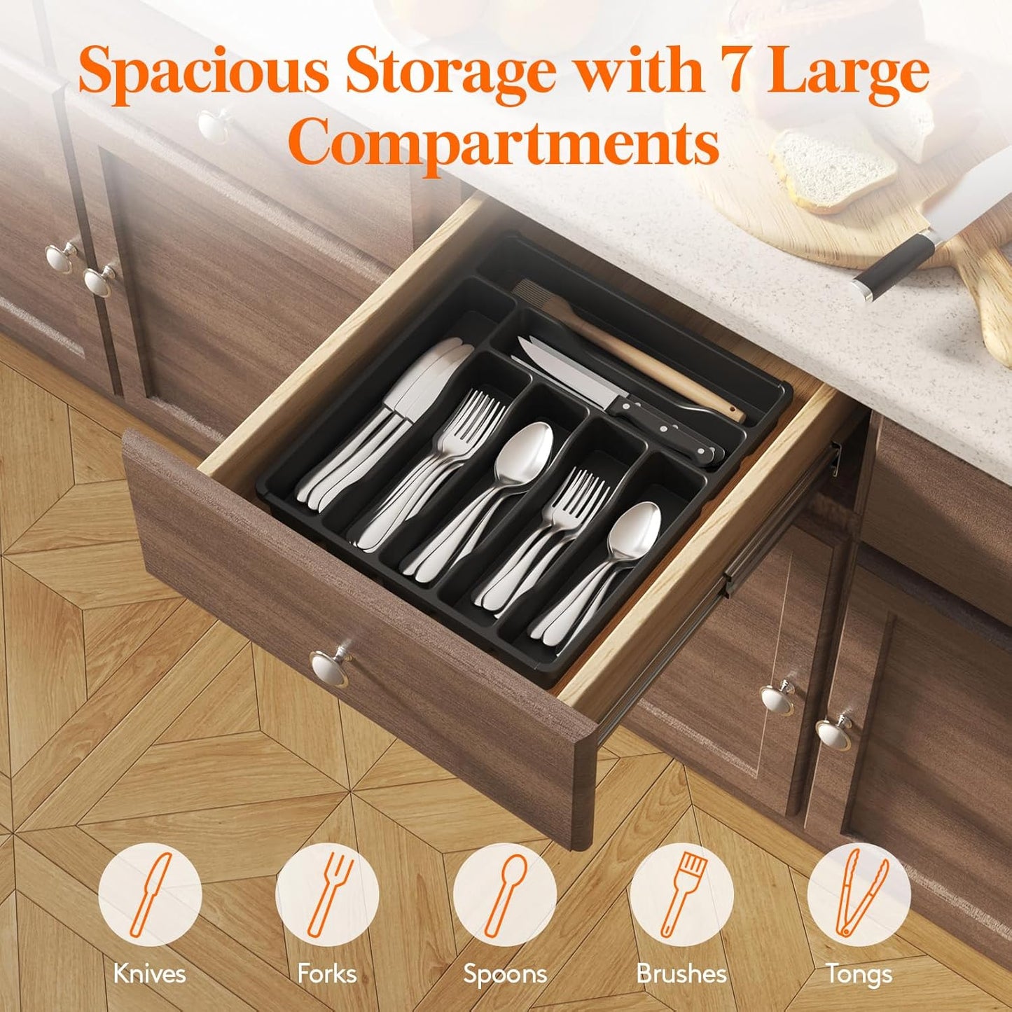 Lifewit Silverware Drawer Organizer Tray, Plastic Cutlery Storage for Kitchen, Flatware and Utensil Holder Divider for Spoons Forks Knives Tableware, 9.1 x 12.6", 5 Slots, Black