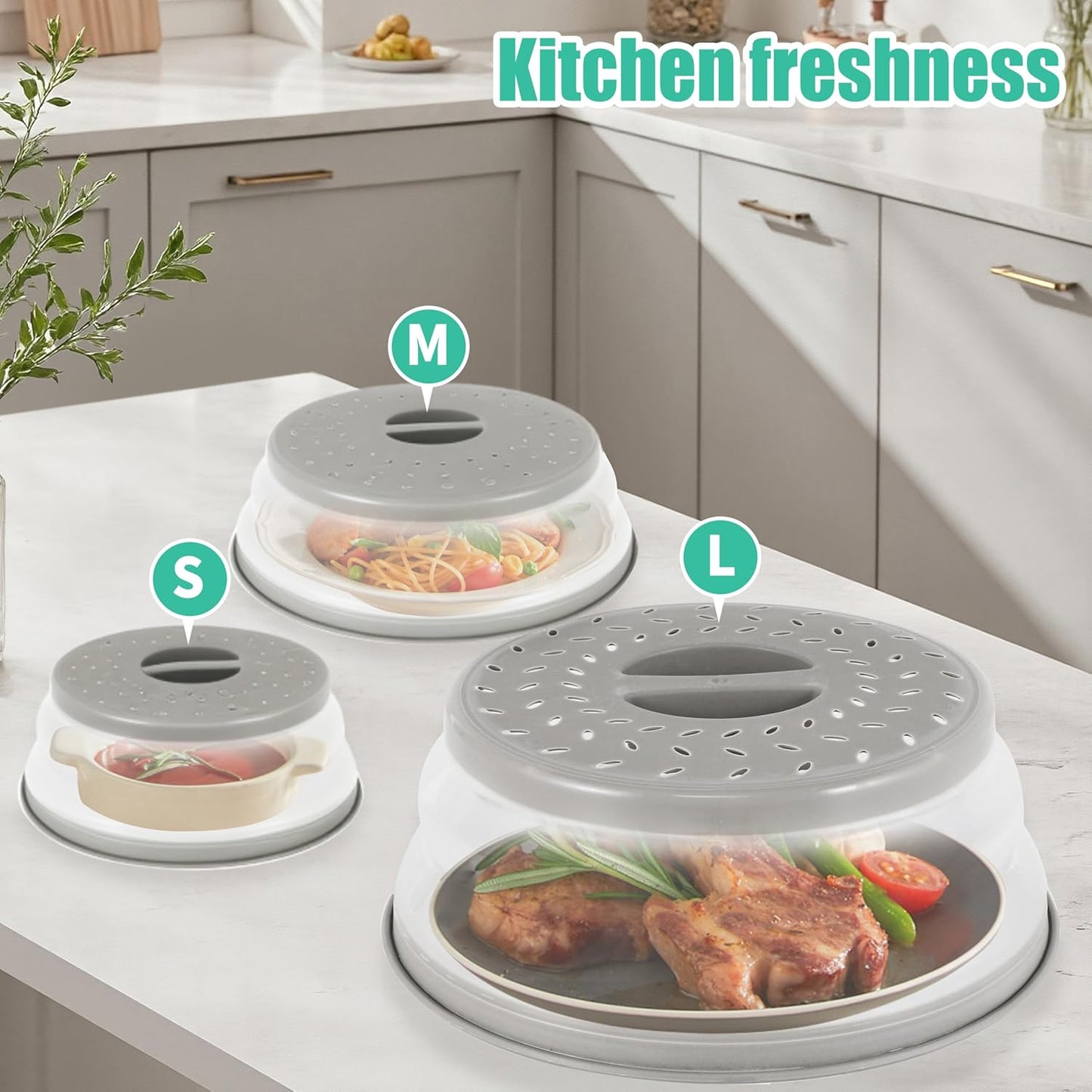 3 Pack Collapsible Microwave Food Covers, Splatter Guard,Vented Microwave Lid for Food, BPA free TPR, Dishwasher safe,Gray，Large, Medium, Small