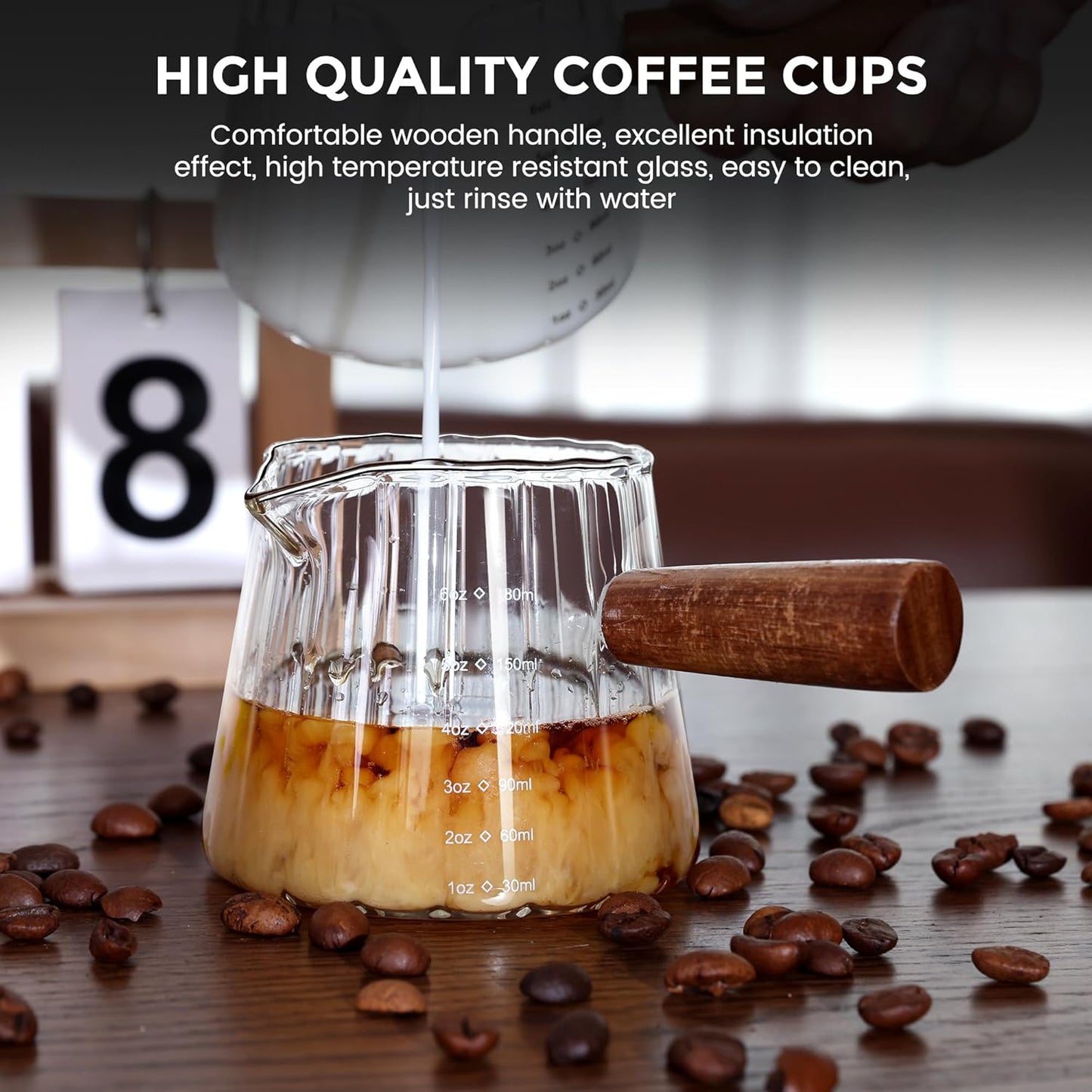 Espresso Measuring Cup 6 Oz, Espresso Glass Cups with Wood Handle, Milk Frothing Cup, Espresso Cup for Coffee, Milk, Tea or Maple Syrup Serving