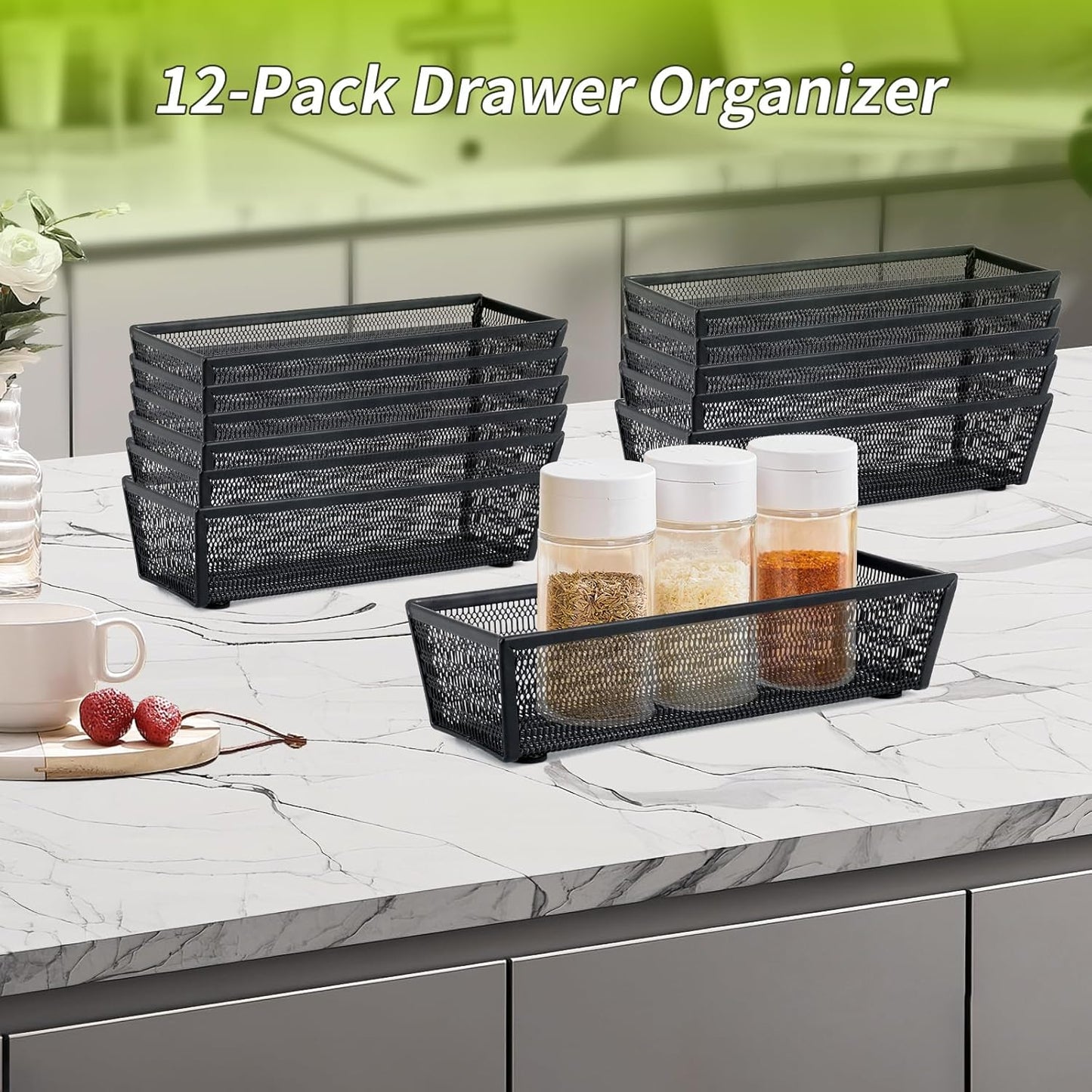 Neudeco Silverware Drawer Organizer - 5 Compartment Cutlery Tray with Non-Slip Feet, Mesh Wire Flatware Storage Divider for Kitchen, Bedroom, Living Room (Silver)