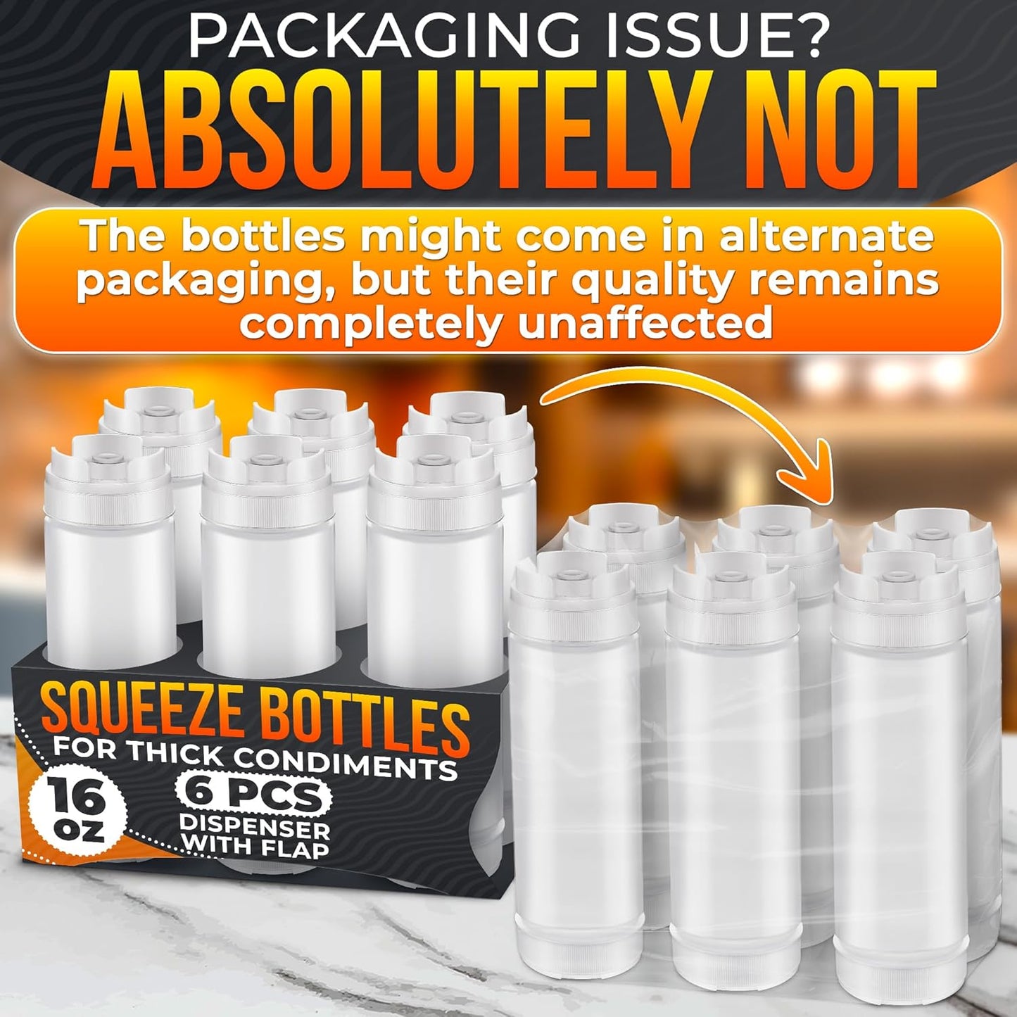 Set of 6 Inverted Condiment Squeeze Bottles 16 oz – Upgraded Design with Added Sealing Gaskets, Self-Closing Valve, Easy-to-Fill Clear Bottles for Sauces, Dressings, Ketchup, Mustard for Everyday Use