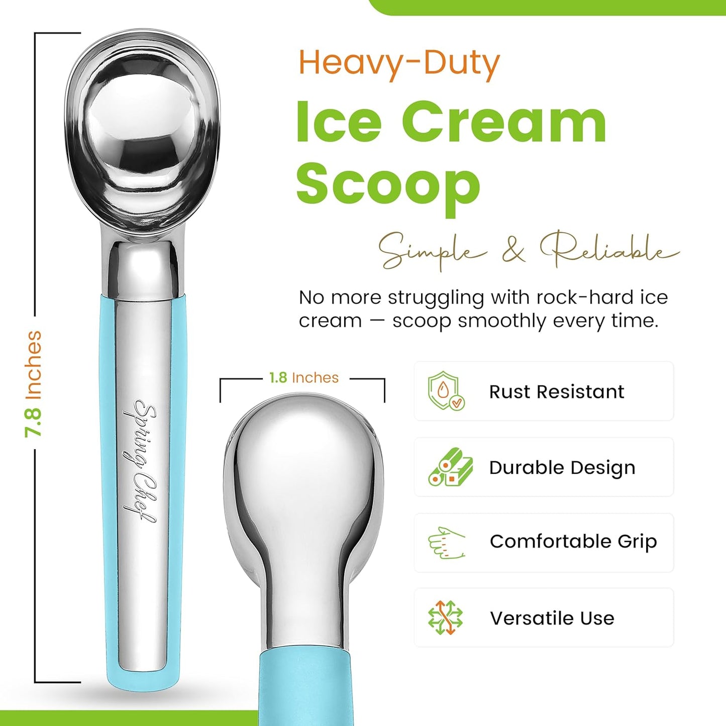 Spring Chef Heavy Duty Metal Ice Cream Scoop - Dishwasher Safe Ice Cream Scooper, Commercial Icecream Scoop Spade, Professional Kitchen Tool for Gelato, Melon, Sundae, Cookie Spoon - Black