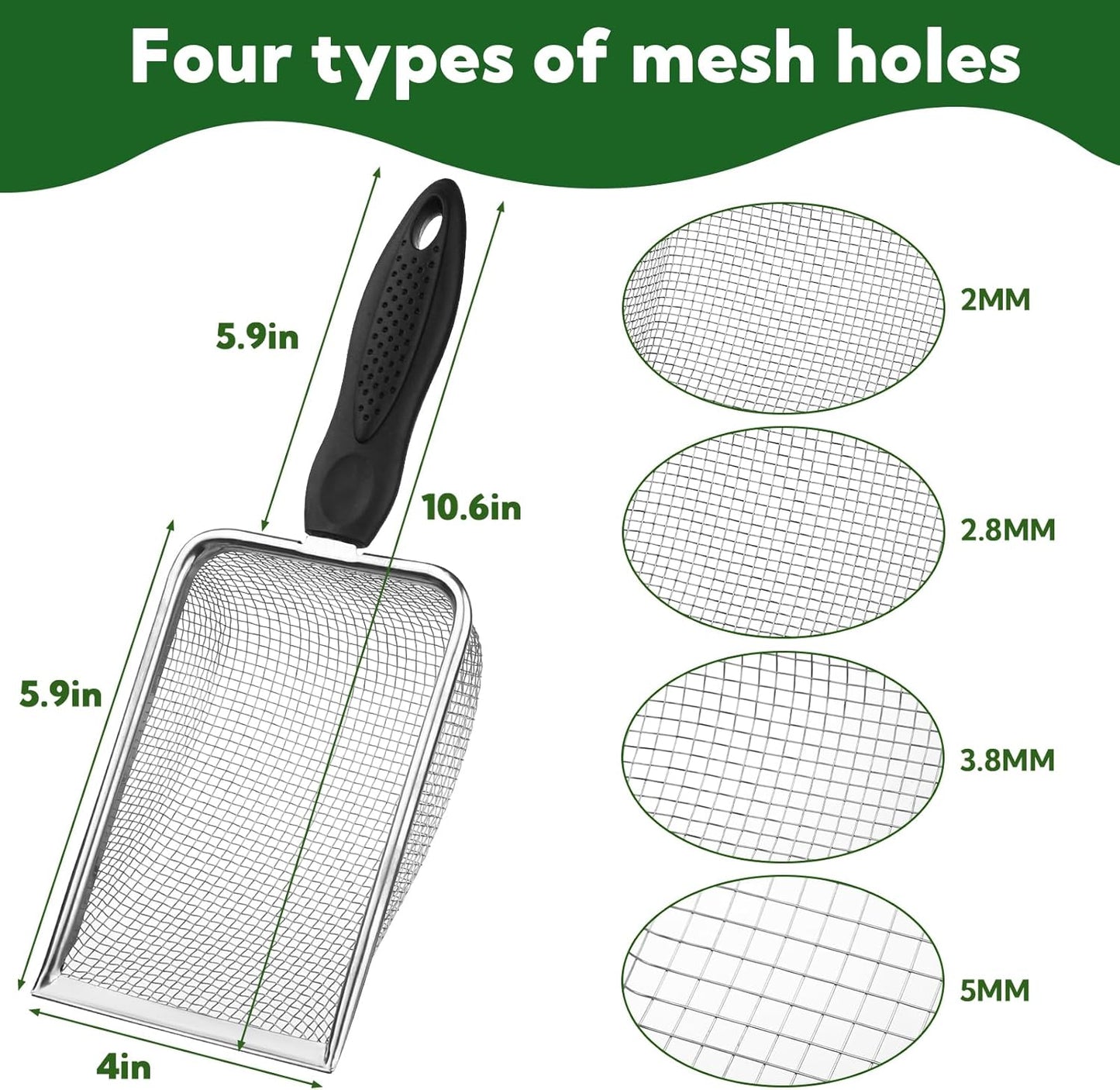 4-Pack Stainless Steel Soil Sifter Set with Handle, Multi-Mesh Garden Sifter for Compost, Sand, Rocks - Gardening Tool & Reptile Sand Scoop for Litter Cleaning, Beach Shell Sifting