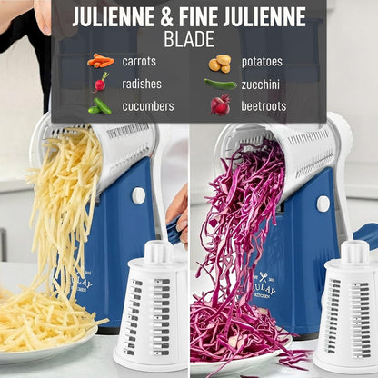 Zulay Kitchen Rotary Cheese Grater 5 Blade Cheese Shredder - Manual Hand Crank Cheese Grater With Reinforced Suction & 5 Interchangeable Drums - Easy to Use, Vegetable Chopper Round Mandoline Slicer - Colors B