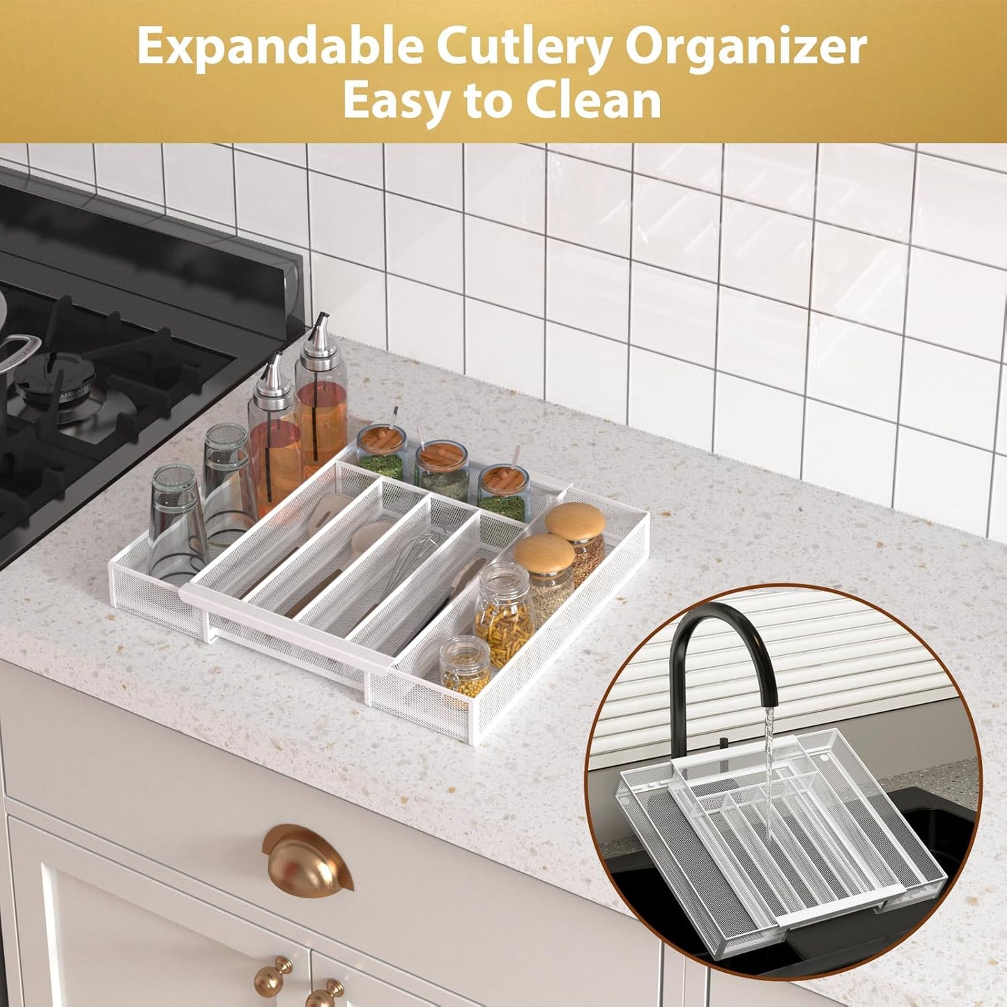 Sedegn Silverware Organizer Metal Mesh, Large Drawer Organizer, Utensil Cutlery Tray for kitchen drawers, Flatware Organizer with 6 Compartment, Black (11.3”*16“)