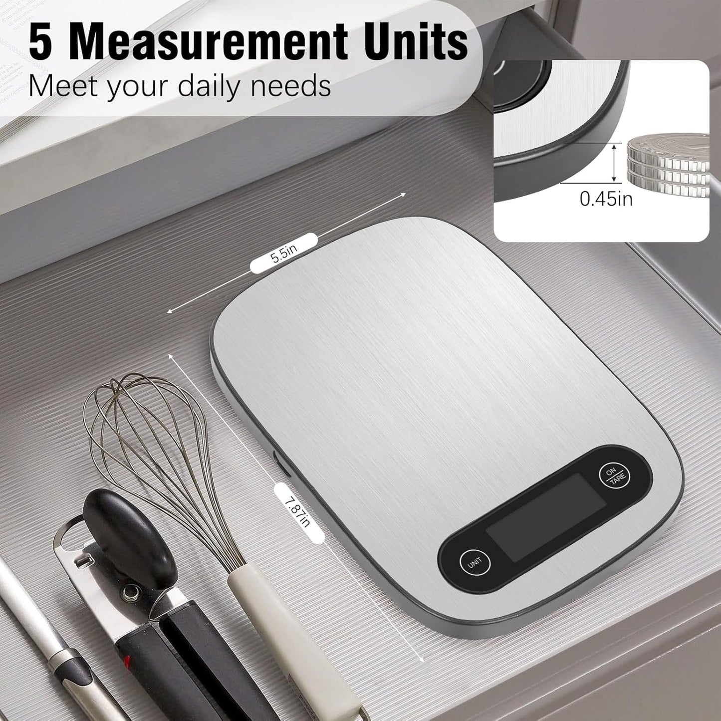 Food Scale, 11lb Kitchen Scale with 6 Units Tare Function & Backlit LCD, Precise 1g Stainless Steel Digital Scale, Hanging Design for Baking, Cooking, Healthy Eating and Meal Prep (Batteries Included)