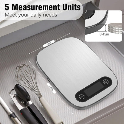 Food Scale, 11lb Kitchen Scale with 6 Units Tare Function & Backlit LCD, Precise 1g Stainless Steel Digital Scale, Hanging Design for Baking, Cooking, Healthy Eating and Meal Prep (Batteries Included)