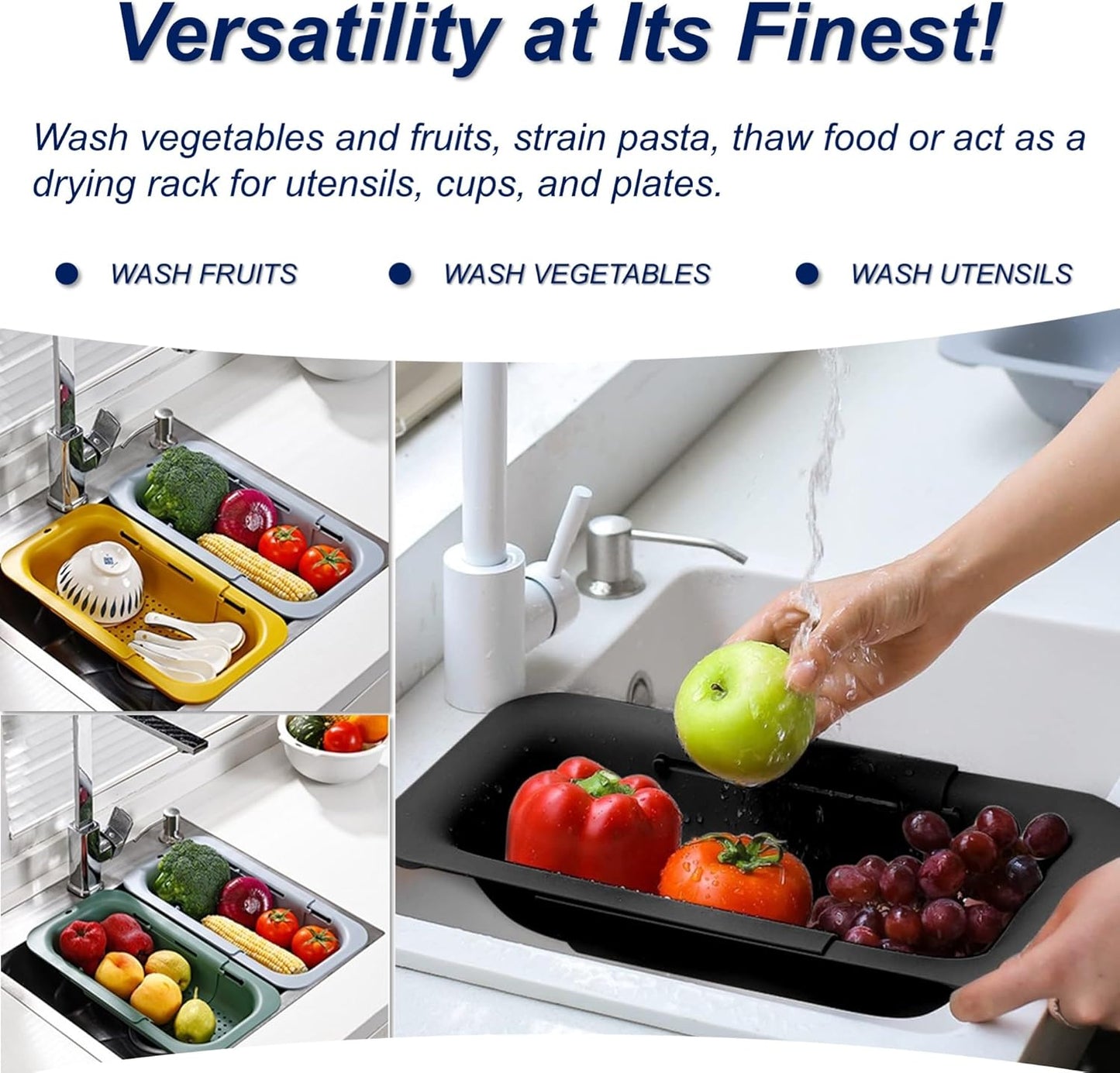 Extendable Sink Colander Strainer Basket - Wash Vegetables and Fruits, Drain Cooked Pasta and Dry Dishes - Adjustable Over the Sink Colander Collapsible Drainer Basket -Gray