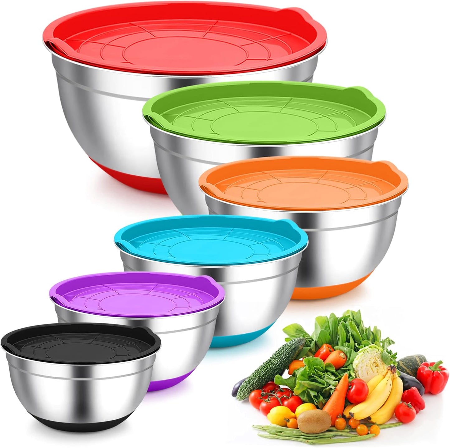 TeamFar Mixing Bowls, Black Mixing Bowls with Lids Set, Stainless Steel Nesting Salad Bowl with Air-tight Lid & Silicone Bottom, Non Slip & Stackable - Set of 6-4.6/2.6/2 / 1.5/1 / 0.7 Qt