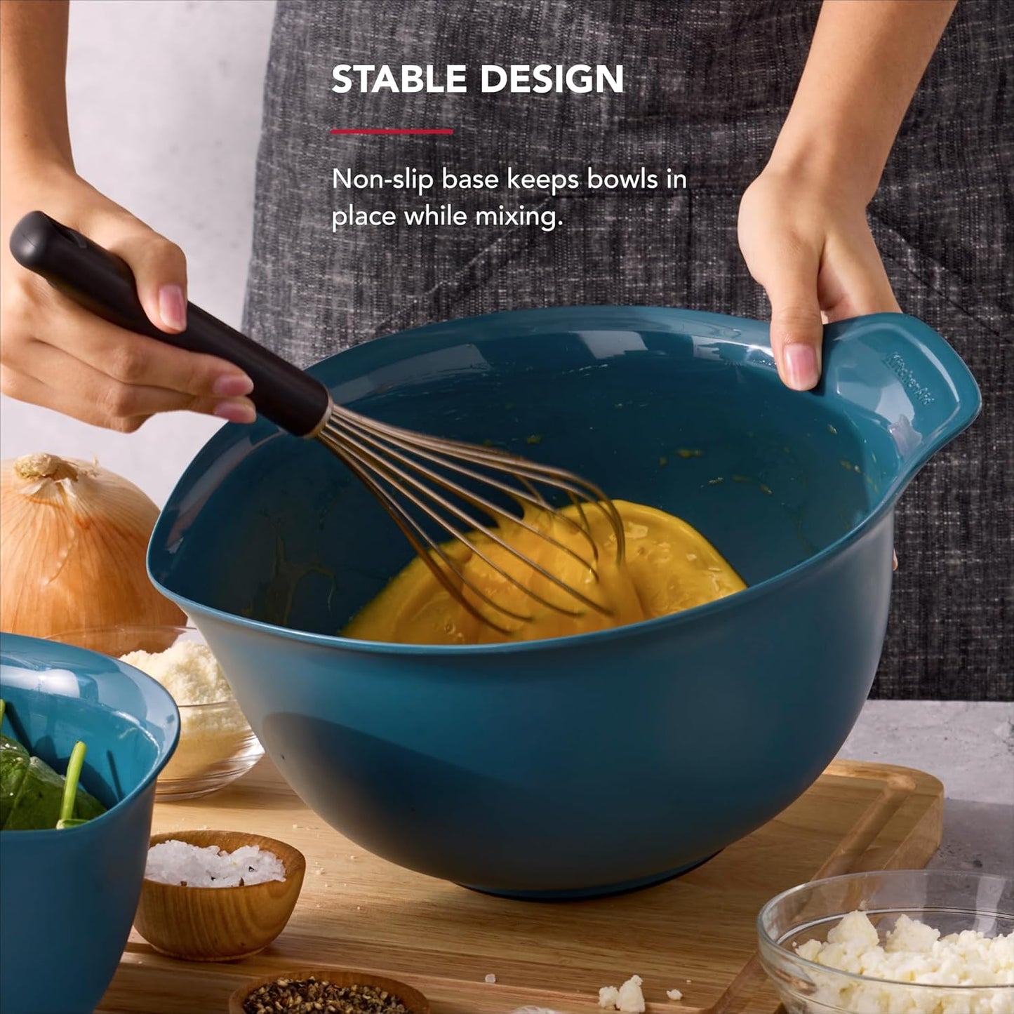 KitchenAid Universal Nesting Plastic Mixing Bowls, Set Of 3, 2.5 quart, 3.5 quart, 4.5 quart, Non Slip Base with Easy Pour Spout to Reduce Mess, Dishwasher Safe, Aqua Sky, White, Gray