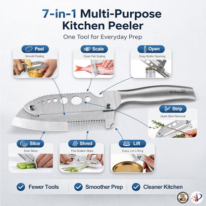 7-in-1 All-Stainless Steel Vegetable Peeler for Kitchen, Smooth Potato Peeler with Herb Stripper, Scallion Shredder, Fish Scaler, Lid Lifter & Bottle Opener, Dishwasher Safe, Right-Handed