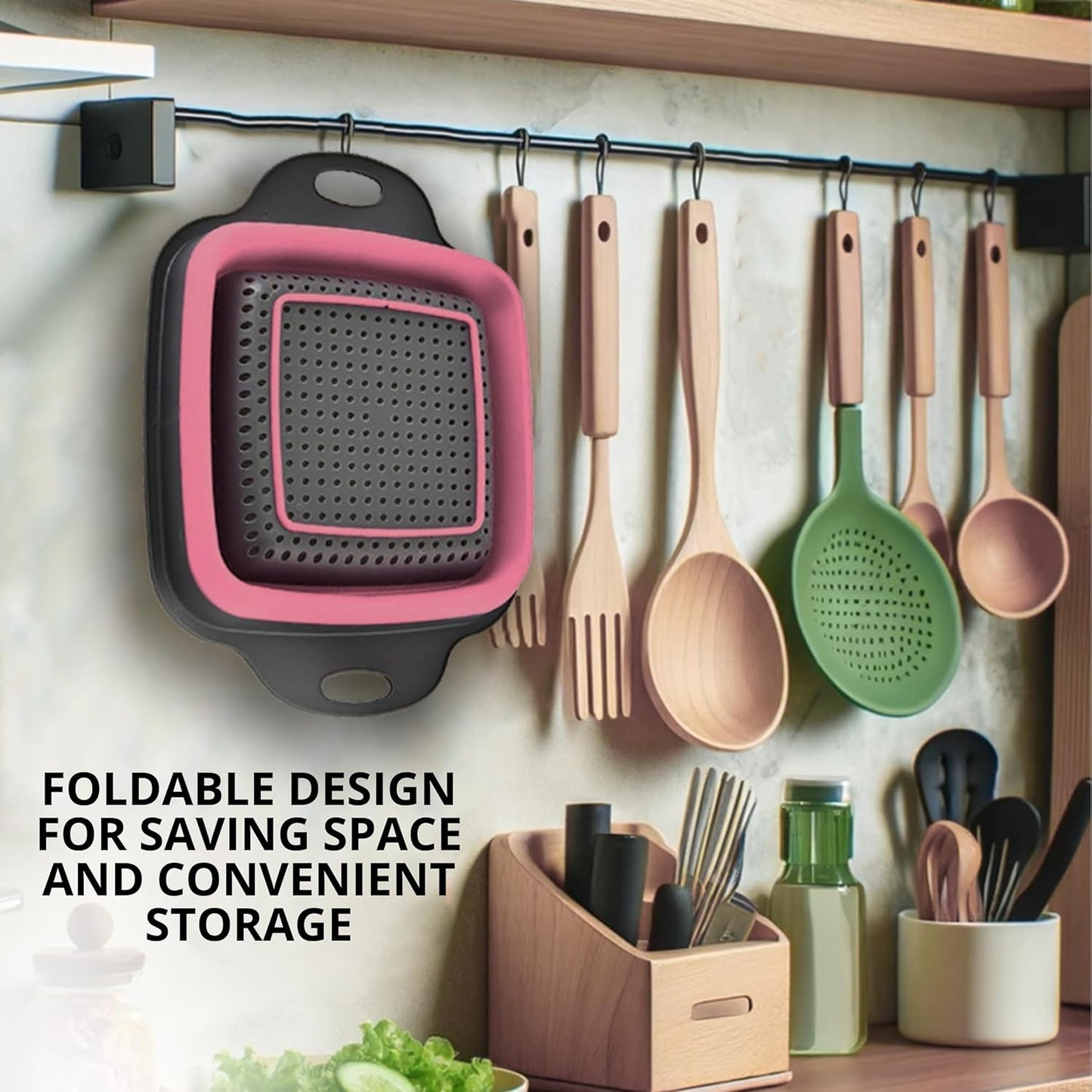 Green Kitchen Strainer Colander Set - 2 PCS Multifunctional Colander Silicone Food Strainers for Kitchen for Pasta and Spaghetti Collapsible with Plastic Handles