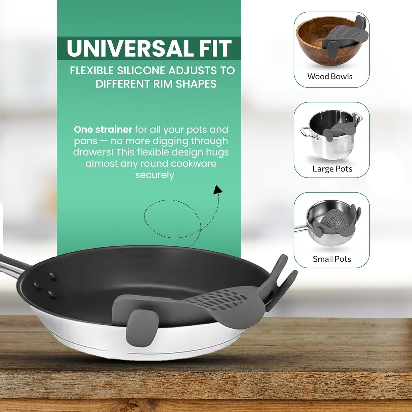 Pasta Strainer Clip-On for Pots and Pans – Heat Resistant Colander for Vegetables and Noodles – Space-Saving Design – BPA-Free, Dishwasher Safe, Universal Fit (Black)