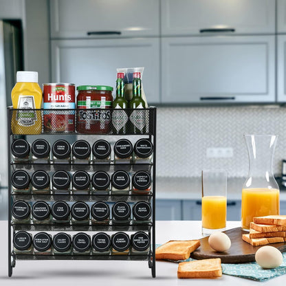 Skiileor Spice Rack Organizer with 28 Spice Jars, Black Lids，Spice Labels, Chalk pen and Funnel Set for Cabinet, Countertop, Pantry, Cupboard or Wall Mount