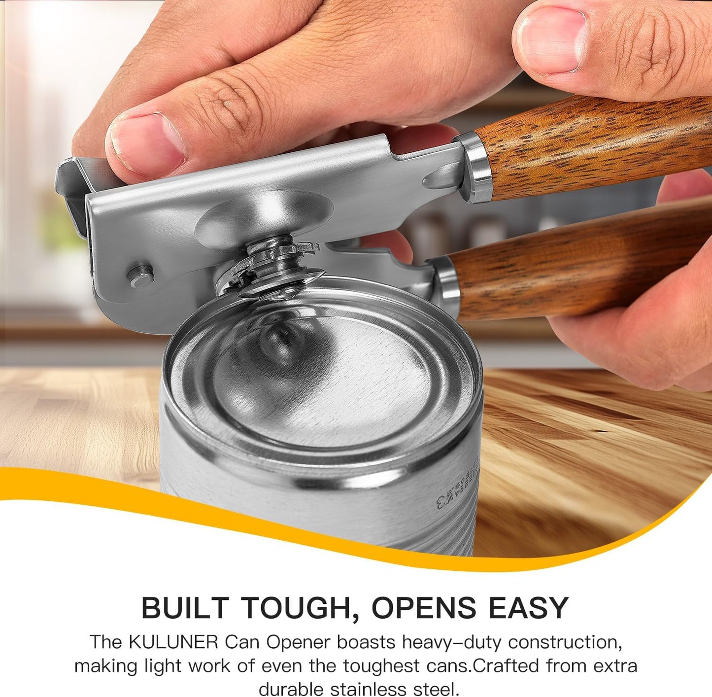 Upgraded Efficient Manual Can Opener - Selected Solid Wood Handle, Sharp and Smooth Blade Edge, Portable Design, Easy-Open Large Knob, Versatile for Various Bottle Caps（Rosewood）