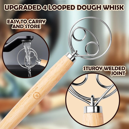 Premium Stainless Steel Danish Dough Whisk & Magnetic Bread Scoring Lame with 5 Blades – Professional Sourdough Baking Tools Kit for Mixing, Cutting & Decorating Bread