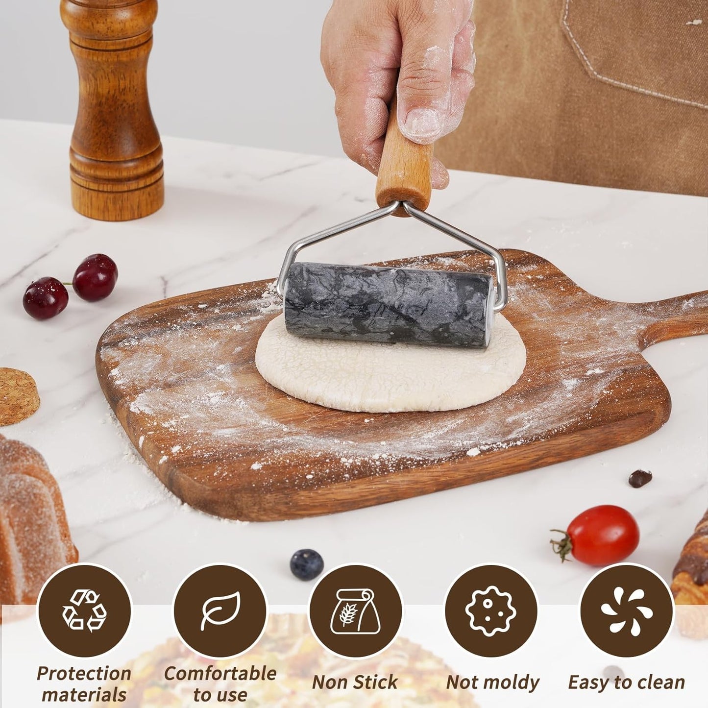 Small Marble Rolling Pin Pizza Roller with Dough Scraper Cutter, Marble Roller Non-Stick T-Type, For Cake Baking Tortilla Fudge Pizza Cookies and Other Kitchen Baking Cooking(White)