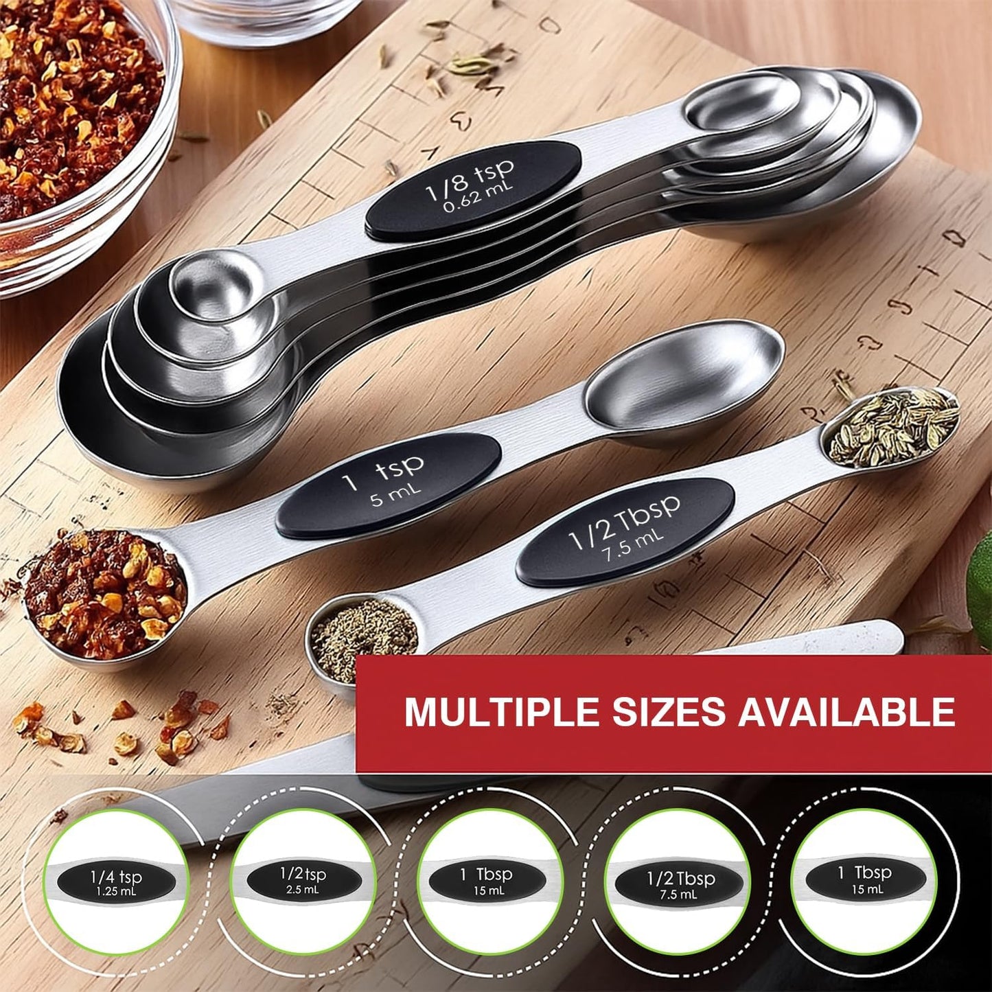 Magnetic Measuring Spoons Set with Strong N45 Magnets, Heavy Duty Stainless Steel Metal, Fits in Most Kitchen Spice Jars for Baking & Cooking, BPA Free, Set of 7 with Levelerl, Multicolour