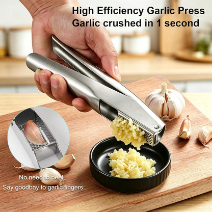 Garlic Press Stainless Steel - No Need to Peel, Garlic Mincer with Peeler Tube and Brush - Large Trough Ergonomic Handle - Rust Proof and Dishwasher Safe - Built-in Bottle Opener