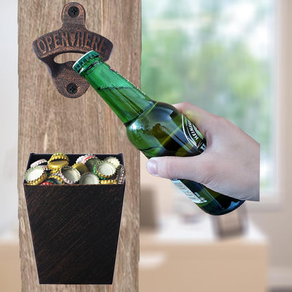 Satin Black Cast Iron Bottle Opener Wall Mounted with Bottle Cap Catcher Narrow