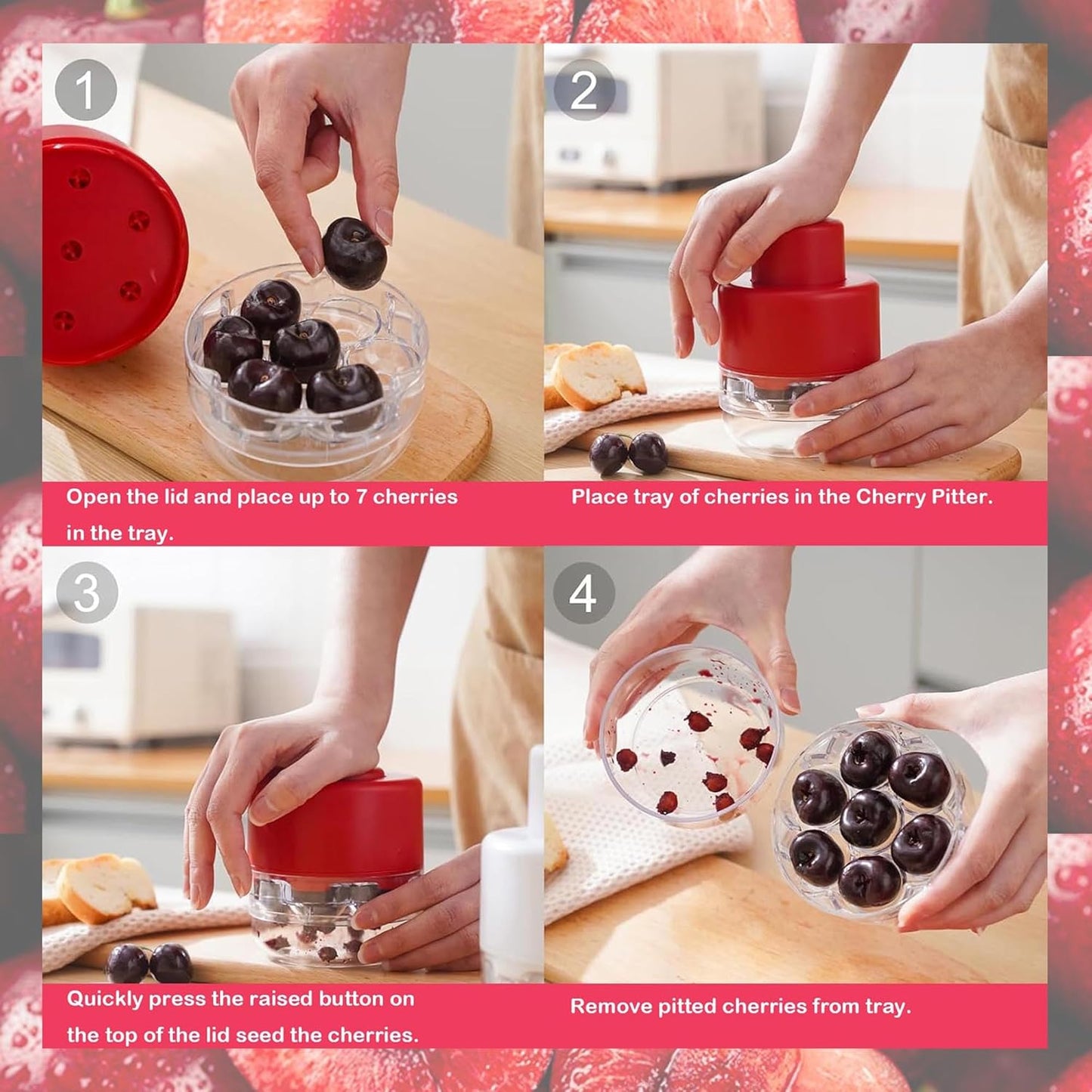 PCTC Cherry Pitter Tool - Pit Remover for Cherries, Multi-Functional Fruit & Vegetable Tool, Quick Release Remove 7 Cherry Pits at Once, Kitchen Gadget for Easy Prep (White)