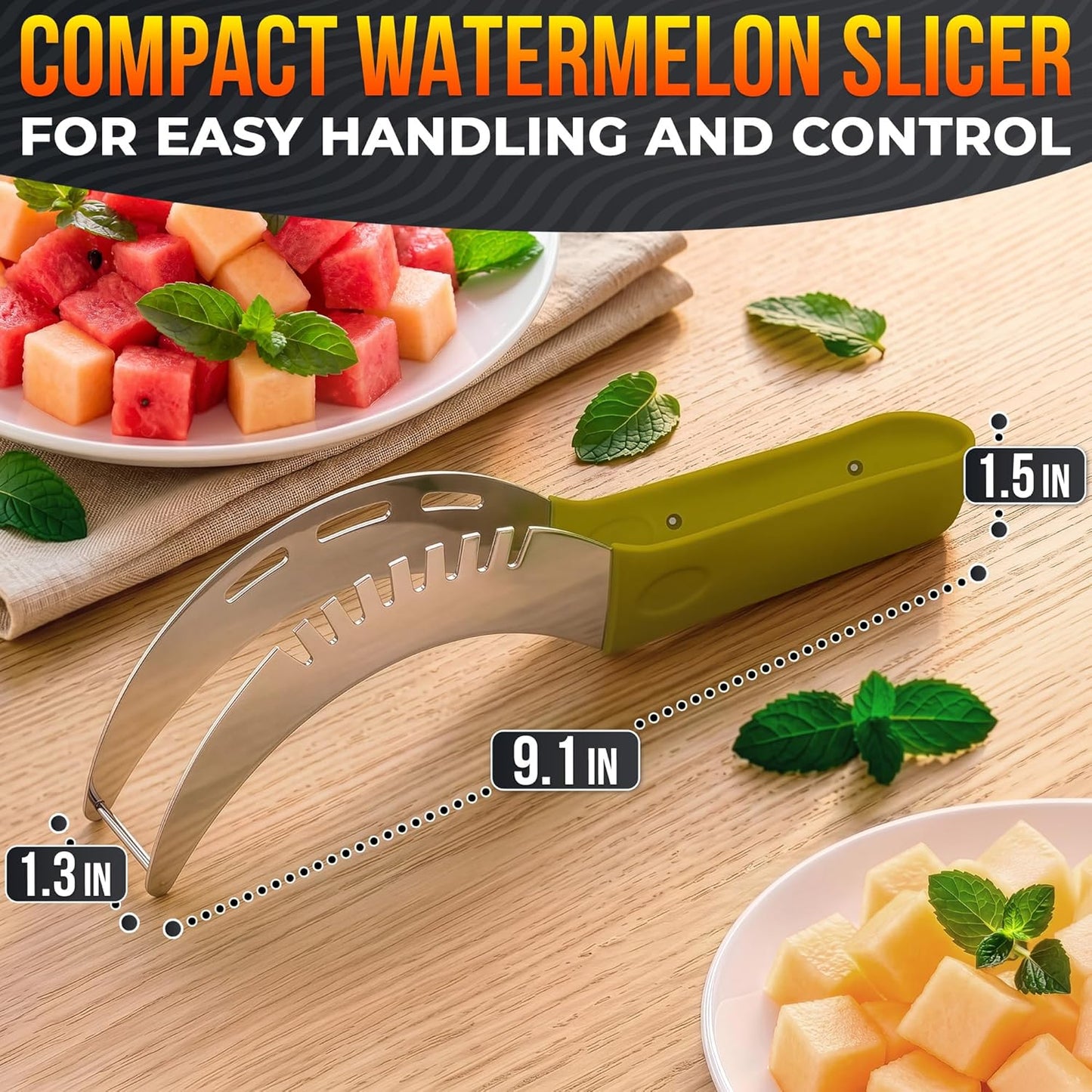 2-in-1 Watermelon Slicer Cutter Tool for 1” Cubes & Slices – Stainless Steel Watermelon Cutter Knife for Fast Fruit Cutting – Melon Slicer for Watermelon, Cantaloupe, Papaya, Honeydew, BBQ & Picnics