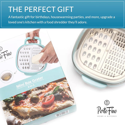 PortoFino Mini Box Grater with Handle, Cheese Grater with Container, 2 in 1 Design for Grating and Storage, Stainless Steel Food Grater with Plastic Storage Container, Dishwasher Safe, Small, Blue