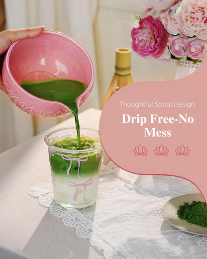 ZENS Pink Matcha Set, Matcha Whisk Set Includes 15oz Ceramic Bowl & (Chasen Holder), Bamboo Whisk & Scoop, Sifter and Pink Tea Towel, 6pcs Matcha Kit for Matcha Lovers